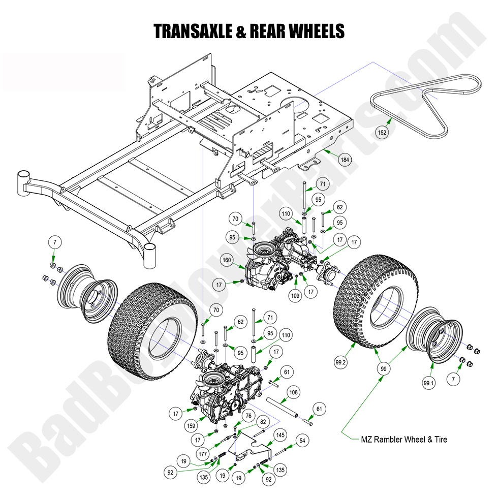 3324 - Bad Boy Mower Parts Lookup > 2023 > MZ Rambler > Transaxle & Rear Wheels